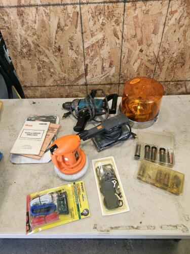 Strobe light, torch heads, assorted power tools, etc