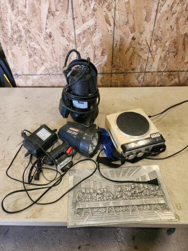 Sump pump, 8 track player, spot light, 24v battery charger, decor