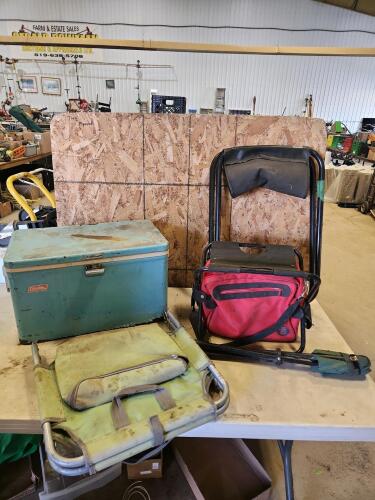 Metal Coleman cooler, folding camp chair & stools