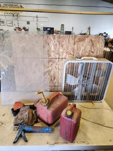 21" Box fan, fuel cans, plexiglass, nail apron, etc