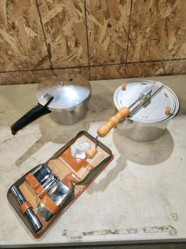 Popcorn popper, pressure cooker, vintage mens travel kit