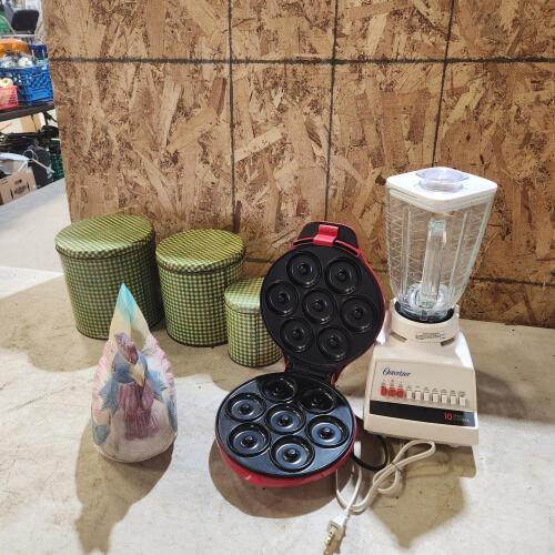 Blender, mini donut maker, nesting tins