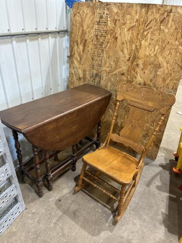 42&rdquo; Drop leaf table, wooden rocker