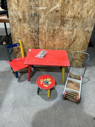 Vintage children&rsquo;s table w chair & stool, toy