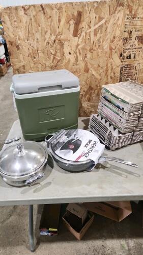 Cooler, egg cartons, cookware