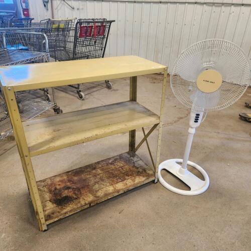 Pedestal fan, metal shelf