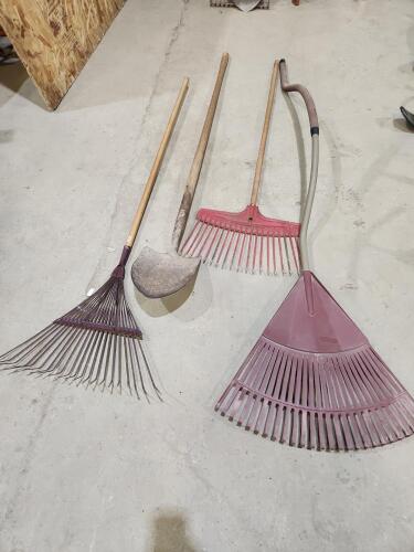 3 garden rakes, gravel shovel