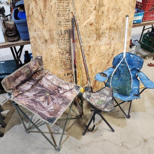 2 - Kids hockey sticks, 2 - lawn chairs, fishing rods