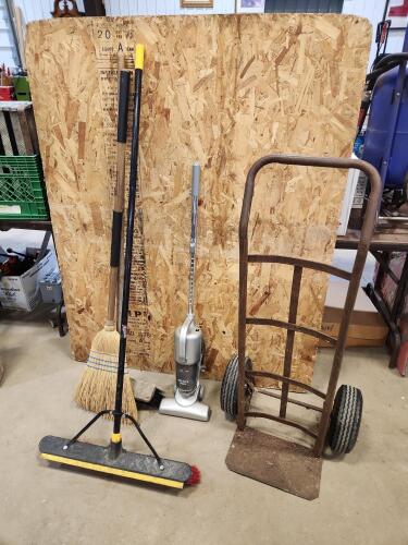 2 Wheel dolly, brooms, stick vac