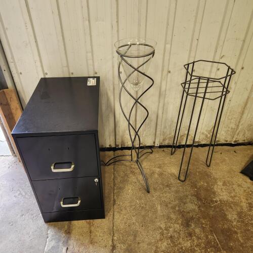Metal plant stands, 2 drawer letter size filing cabinet