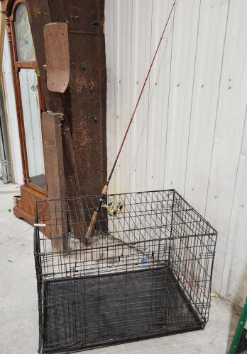 Dog crate 36"L 22"W 24"H & fishing pole