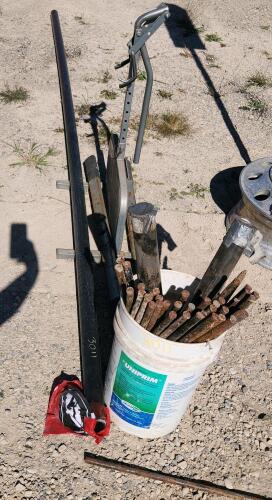 Pail of 24" stakes, 2" ID X 12' pipe, etc