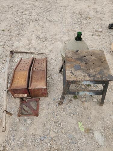 2 Steel car ramps, demijohn, 18"x20"x23" workstand, scythe, jack