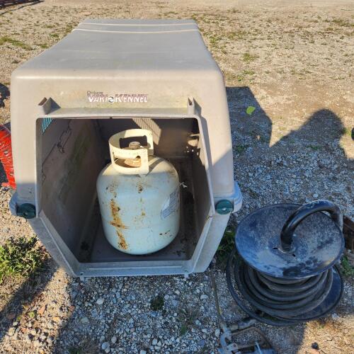 Large dog crate missing door, pressure washer, hose reel, empty bbq tank