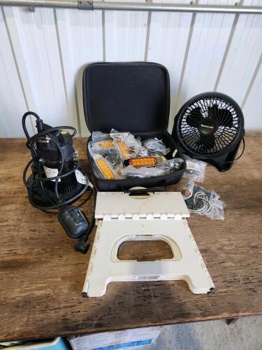 sump pump, stool, new marker lights, desk fan