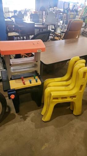 Kids work center, park bench ends