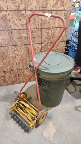 Reel mower, 2 garbage cans 1 lid
