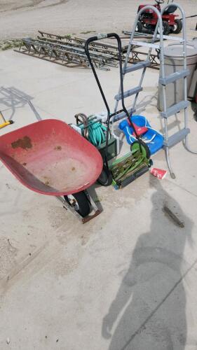 Wheelbarrow, reel mower, hose reel, etc.