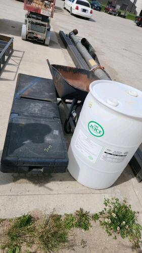 Plastic barrel, wheelbarrow, truck toolbox