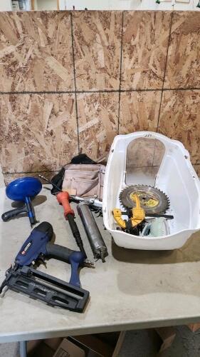 Drain snake, trim nailer, grease gun