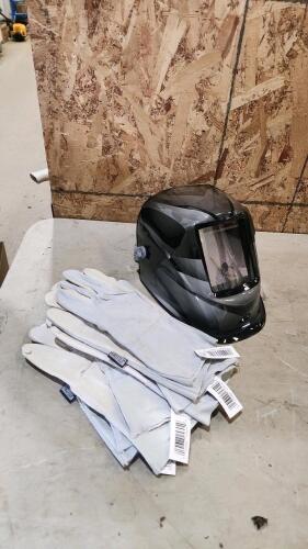 Leather welding gloves, auto darkening helmet