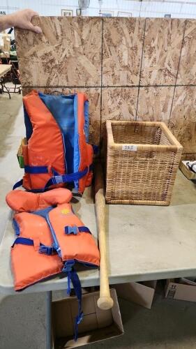 Adult & kid life jacket, wooden bat, basket