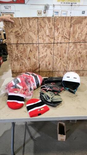 Toques, left hand ball gloves, snowboard helmet