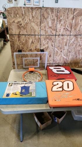 Basketball hoop, bleacher seats, etc.
