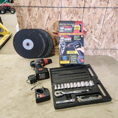 1/2" SAE socket set, cordless drill, 7 12" cut off disks