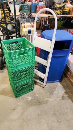 Milk crates, ladder, garbage can