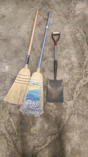 2 Corn brooms, shovel