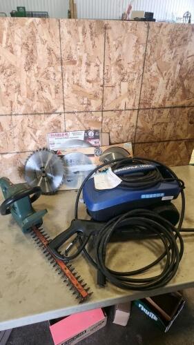 Electric hedge trimmer, Simoniz pressure washer, saw blades