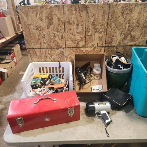 Toolbox, glue gun, spot light, etc.