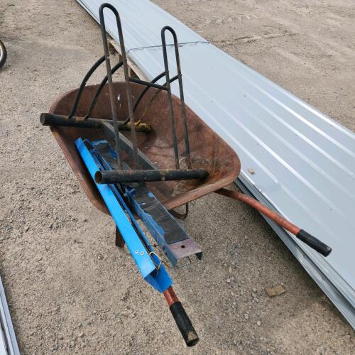 Saw horses, bike rack, wheelbarrow