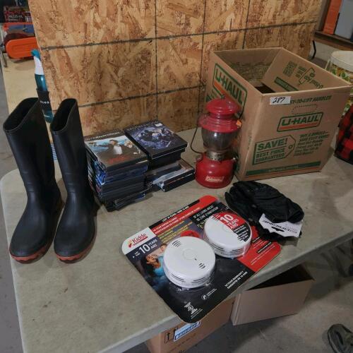 Sz 8 rubber boots, assorted DVDs, smoke alarms, etc.