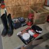 Sz 8 rubber boots, assorted DVDs, smoke alarms, etc.