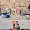 Metal signs, radio, yard sticks