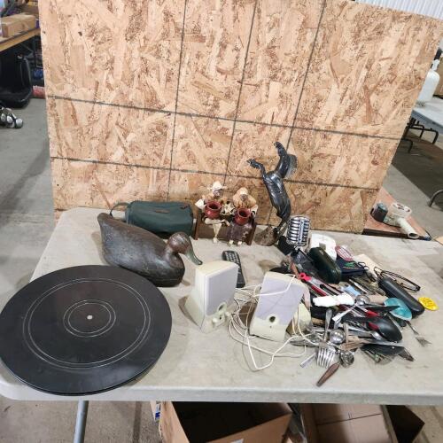 Various decor & computer speakers, household items