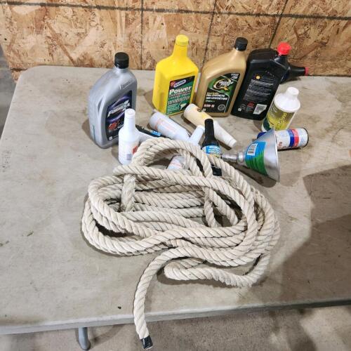 Assorted automotive fluids, rope