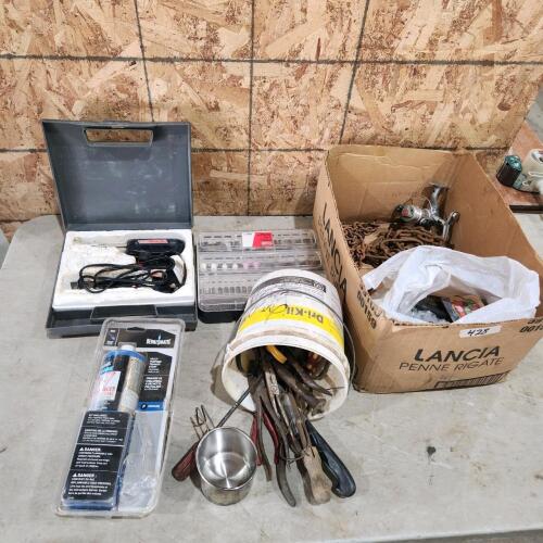 Assorted tools, soldering gun, propane tank, etc.