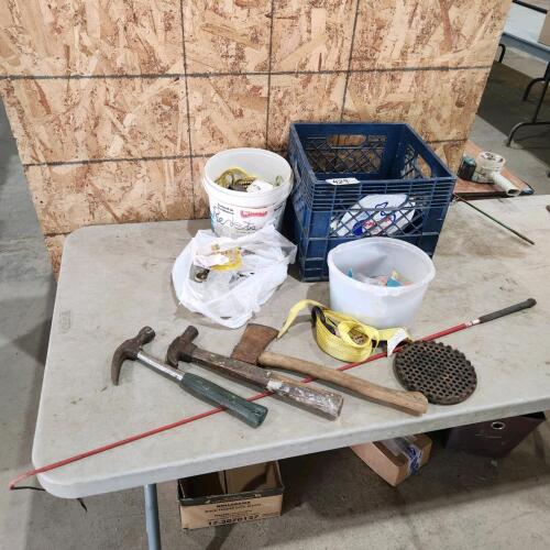 Hatchet, milk crate, etc.