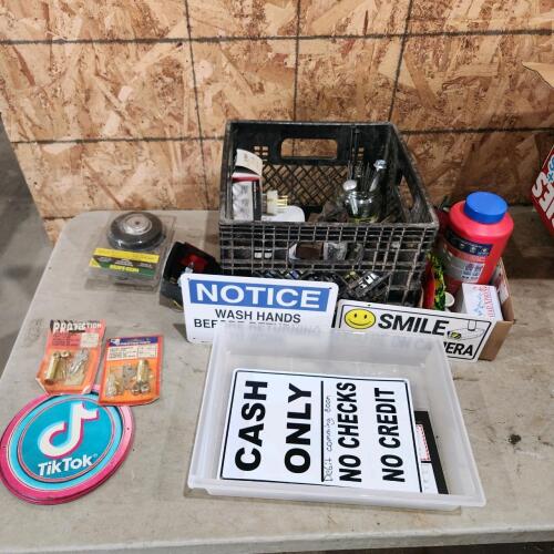 Assorted hardware, signs, etc.