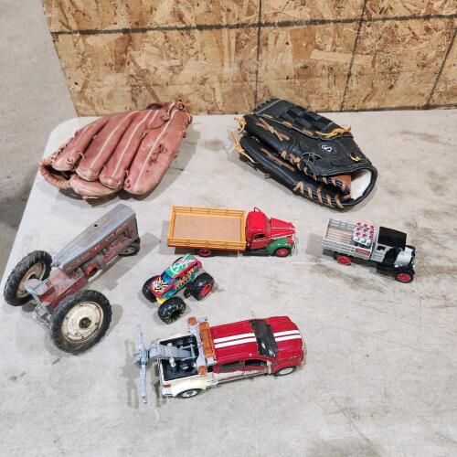 Ball gloves & various toys