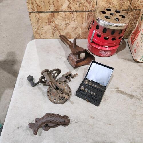 Apple peeler, door knocker, weights, etc.