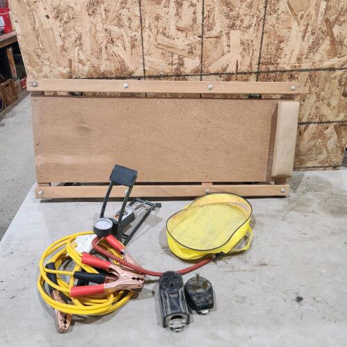 Booster cables, 30 amp plug, air pump, creeper