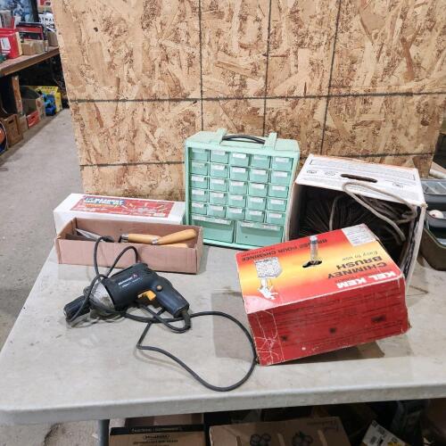 Trowels, storage drawers, drill, chimney brush