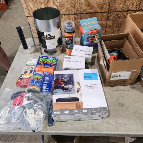 Boat safety kit, charcoal starter, dvd player, etc.