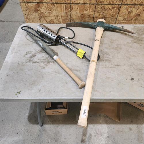 Pail warmer, wooden bat, pick