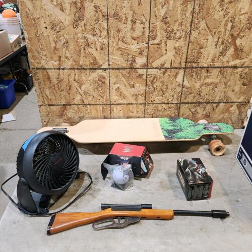 Long board, fan, star wars figures, toy gun
