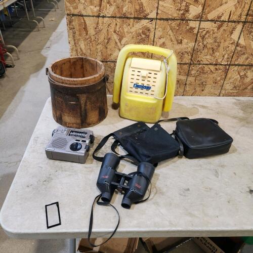 Radio, 10x50 binoculars, minnow pail